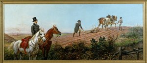 Allegorie die Napoleon uitbeeldt die ploegt onder toezicht van zijn zwarte dienaar in St. Helena, olieverf op doek door Olivier Pichat (1825 - 1912)