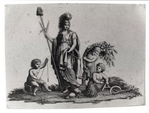 Allegorie van de Cisalpijnse Republiek (Cisalpina) opgericht door Napoleon Bonaparte op 27/06/1797 naar Frans model in Italië, die in 1802 de Italiaanse Republiek werd. De symbolen van de Franse Republiek zijn vertegenwoordigd. Gravure Museo del risorgimen door Unknown artist
