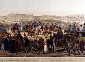 Geallieerden trokken Parijs binnen op 31 maart 1814 (Rusland Alexander I, de Oostenrijkse keizer Frans Jozef I en de Pruisische koning Frederik Willem III.) 19e-eeuwse gravure door Unknown artist