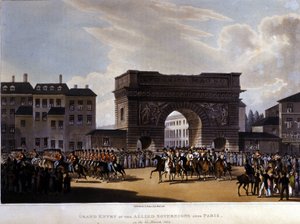 Geallieerden trokken Parijs binnen op 31 maart 1814 (Rusland Alexander I, de Oostenrijkse keizer Francois I en de Pruisische koning Frederik Willem III.) gravure uit 1826 door Unknown artist