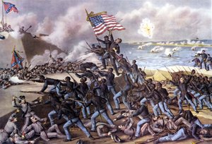 Amerikaanse Burgeroorlog (1861 - 1865): aanval op Fort Wagner op Jekyll Island bij Georgia door 2000 zwarte vrijwilligers in juli 1863. Gravure uit de 19e eeuw.