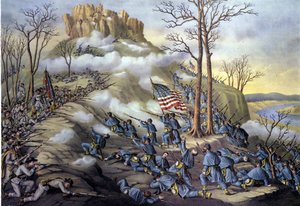 Amerikaanse Secessieoorlog of Burgeroorlog (1861-1865): Slag bij Lookout Mountain in Tennessee (23 november 1863, gravure uit de 19e eeuw)