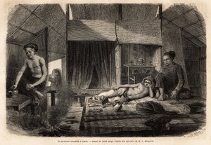 Een Annamitisch interieur in Lakon (Laos). Gravure ter illustratie van de ontdekkingsreis in Indochina, door Francis Garnier, luitenant de Vaissseau, in 1866-1868, gepubliceerd in 