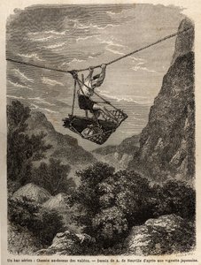 Een luchtveer, pad boven de valleien, een soort touwmand is opgehangen aan een touw, voor het transport van mensen en materialen. Gravure ter illustratie van de reis naar Japan door Unknown artist