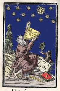 Een astronoom die berekeningen maakt met een sextant tijdens een zonsverduistering. Gravure uit de 16e eeuw