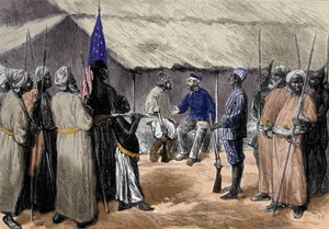 Een ontmoeting tussen David Livingstone (1813-1873), een Engelse missionaris en ontdekkingsreiziger van Afrika, en Henry Morton Stanley, Welshe journalist en ontdekkingsreiziger van Afrika (1841-1904) in een dorp in Centraal-Afrika.