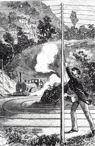 Een gravure die een treinwerker uitbeeldt die een noodsignaal verzendt op een spoorwegtelegraaf door Unknown artist
