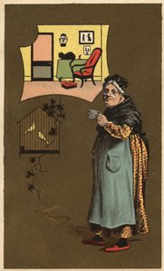 Een oude vrouw die een kopje vasthoudt bij een kooi met vogels door Unknown artist