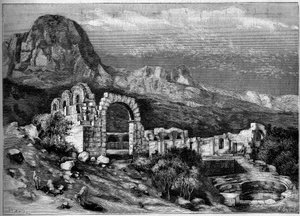 Oude architectuur: ruïnes van de Romeinse tempel van Zaghouan (Tunesië). Gravure door Riugel in "The Illustrous World" nr. 1308 van 22 april 1882.