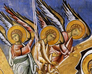 Engelen van de Aankondiging, fresco (1192), Panayia Tou Araka Kerk (Kerk van Onze Lieve Vrouw van Pea) (Unesco Werelderfgoedlijst, 2001), Lagoudhera, Troodos bergen, Cyprus