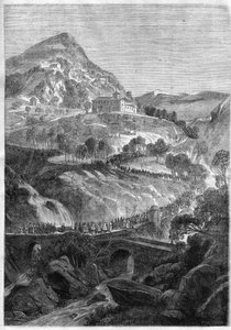 Jaarlijkse pelgrimstocht van 21 maart naar het klooster van St. Benedictus op de berg Cavo (Colli Albani) nabij Rome - Gravure uit 1868 door Unknown artist