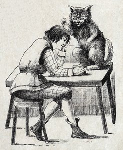 Anonieme illustratie voor "De gelaarsde kat", sprookje door Charles Perrault (1628-1703), Franse schrijver. Beeld Marcel Vagne, Jarville Nancy, ongedateerd (eind 19e eeuw).
