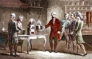 Antoine Laurent Lavoisier (1743-1894) voert de ontleding van lucht uit in 1776 - Antoine Laurent Lavoisier Engelse chemicus, toont collega-wetenschappers zijn experiment dat de samenstelling van lucht onthulde in 1776 - Gravure van Louis Figuier