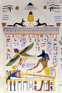 Anubis zorgt voor de mummie terwijl de ziel van de overledene vliegt voor transmigratie - in “Monumenten van Egypte en Boven-Nubië” door Ippolito Rosellini