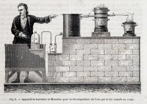 Apparaat van Antoine Laurent de Lavoisier en Meusnier voor de ontleding van water door roodgloeiend ijzer - in 