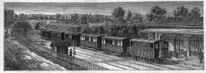 Toepassing van Faure-batterijen: Elektrische trein op een spoorweg in een station. Gravure in 