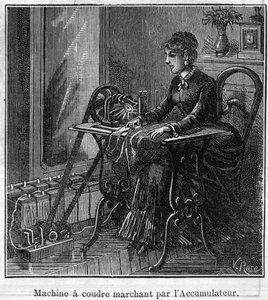 Toepassing van Faure-batterijen: elektrische naaimachine aangedreven door de accumulator. Gravure in "Le Monde Illustré" door Unknown artist