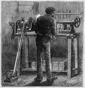 Toepassing van Faure-batterijen: draaibank van een ambachtsman aangedreven door de accumulator. Gravure in 