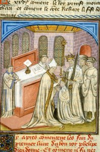 Aartsbisschop kroont Philippe Auguste in 1179 - Verluchting uit de Middeleeuwen (ref. 512, 226r) Vraag toestemming aan de Gemeentelijke Bibliotheek van Toulouse (tel: 05 62 27 66 66) door Unknown artist