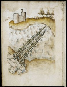 Indeling van een houten brug - Manuscript: perkamentblad uit een ingenieurshandboek voor de bouw van civiele, religieuze en militaire gebouwen, anoniem, eind 15e eeuw (figuur in Chinese inkt) door Unknown artist