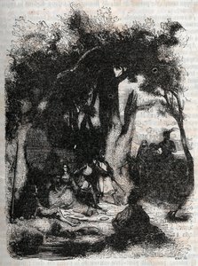 Aankomst van Rodomont en Mandricard bij de fontein van Merlin - gravure van 1851 uit 