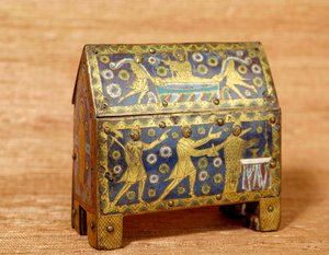 Kunstobject: Emaille jacht, goud en koper door Sint Thomas Becket (1118-1170), aartsbisschop van Canterbury. Ca. 1200. Dim. 0,16x0,142 m. Parijs, Nationaal Museum van de Middeleeuwen, Thermen van Cluny