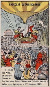 Ascensie in een waterstofgasballon van de Franse luchtvaart Charles en Robert le Jeune, gemaakt in Parijs, in de Tuilerieën Tuin. 1 december