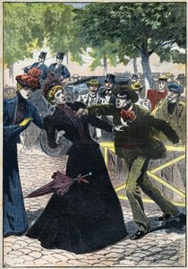 Moord op Keizerin Elisabeth van Oostenrijk (Sissi) door de Italiaanse anarchist Luccheni in Genève in 1898. Illustratie uit 1898. Privécollectie door Unknown artist