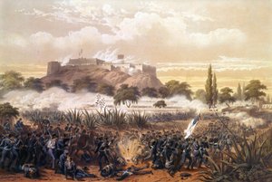 Bestorming van Chapultepec in september 1847 tijdens de oorlog tussen de Verenigde Staten en Mexico. Gravure uit 1850 door Unknown artist