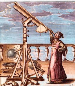 Astronoom observeert de hemel met een telescoop - uit: Johannes Hevelius (1611-1687), Selenographia, sive Lunae descriptio (Selenografie, of Een Beschrijving van de Maan)