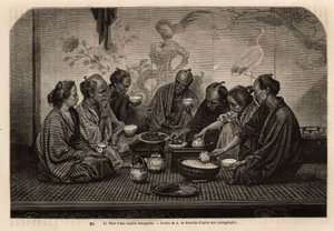 Bij het diner van een bourgeois familie, verzamelen mannen zich op een tatami, rond kleine koffietafels, eten rijst in een individuele kom en serveren vlees en groenten in een gemeenschappelijk gerecht, terwijl ze thee drinken, twee vrouwen verzorgen de be door Unknown artist