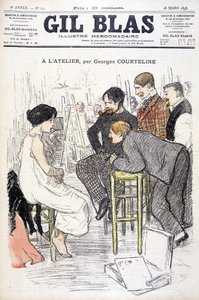 In het atelier door Georges Courteline. Man kijkt naar een vrouw die poseert in een atelier. In 