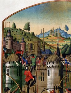 Aanval op het kasteel van Filips Augustus met uitzicht op Parijs en de galg van Montfaucon tijdens de 100-jarige oorlog, midden 15e eeuw (detail)