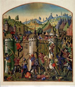 Aanval op het kasteel van Philippe Auguste met uitzicht op Parijs en de galg van Montfaucon tijdens de 100-jarige oorlog, midden 15e eeuw