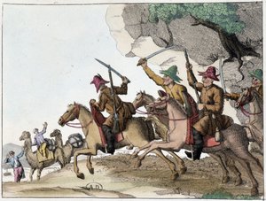 Aanval op kameelkaravaan door een groep Kirgiezen (Centraal-Aziatische Turkse mensen van Mongoolse oorsprong) te paard, begin 19e eeuw door Unknown artist