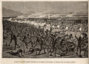 Aanval op het hoofdkwartier van Ismailia (Egypte), door een coalitie van baris en loquias met boog en pijl, de expeditie van Sir Baker slaat terug met geweren en drijft de aanvallers terug, gravure ter illustratie van een gewapende expeditie in Centraal-Af door Unknown artist