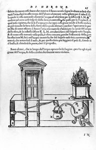 Automatisch mechanisme ontworpen door Heron van Alexandrië (de Oudere) (1e eeuw) voor het openen en sluiten van de deuren van een tempel. Heron, Spiritalia door Unknown artist