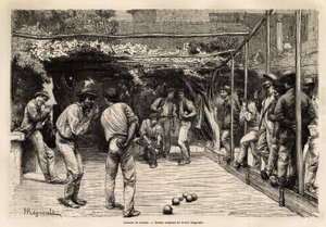 Balspelers in Rome (Italië). Gravure ter illustratie van de reis naar Rome, door Francis Wey, in 1864-1868, gepubliceerd in 