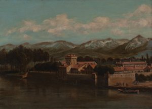 Oevers van de Isère in Grenoble, bergzicht 1864