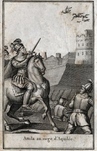 Barbaarse invasies - Attila (ca. 406-453), koning van de Hunnen, tijdens het beleg van Aquilea in Italië, 452. Gravure in 