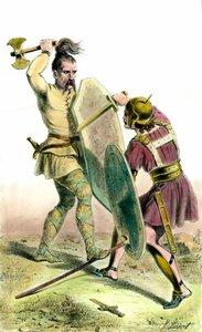Slag tussen een Frankische soldaat en een Romeinse soldaat door Unknown artist