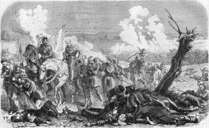 Slag bij Saint Quentin in 1557, een episode van de lange oorlog tussen het Koninkrijk Frankrijk en Spanje. Gravure uit de 19e eeuw door Unknown artist