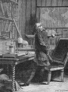 Benjamin Franklin in zijn natuurkundelaboratorium in Philadelphia. In 