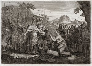 Bijbel van Royaumont, Oude Testament: Abigail. Abigail, de vrouw van Nabal, kalmeert Davids woede met haar wijsheid. Illustratie uit 1811. door Unknown artist