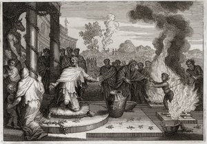 Bijbel van Royaumont, Oude Testament: Ahaz Onheilige Koning. De slechte Ahaz, koning van Juda, irriteert God en wordt aan de vijanden overgeleverd. Illustratie uit 1811.