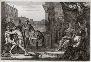 Bijbel van Royaumont, Oude Testament: Ambassadeurs van David. David stuurde Joab tegen de Ammonieten om wraak te nemen voor de belediging die Hanon, hun prins, zijn ambassadeurs had aangedaan, die hij voor spionnen had aangezien. Illustratie uit 1811.