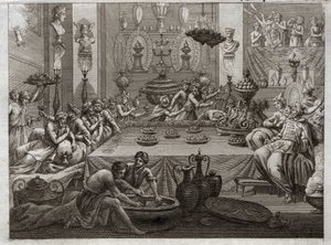Bijbel van Royaumont, Oude Testament: Balthazar veroordeelt. Koning Balthazar (Belshatsar) ziet aan tafel een hand die in drie woorden het einde van zijn vonnis schrijft. Illustratie uit 1811.