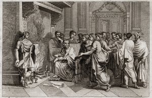 Bijbel van Royaumont, Oude Testament: Baruch profeet. Koning Jojakim (Joachim, Joachin, Jechonias) snijdt de rol met de profetieën van Jeremia, opgeschreven door zijn leerling Baruch (Baruch ben Neria), in stukken en gooit deze in het vuur. Illustratie uit
