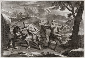 Bijbel van Royaumont, Oude Testament: Geboorte van Samson. Samson scheurt een leeuw in stukken. Illustratie uit 1811. door Unknown artist