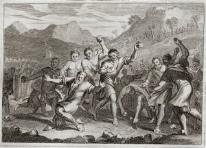 Bijbel van Royaumont, Oude Testament: God maakt een lasteraar van zijn heilige naam tot steen, en een ander die de heilige sabbat schond door wat stro te verzamelen op het veld. Illustratie uit 1811. door Unknown artist